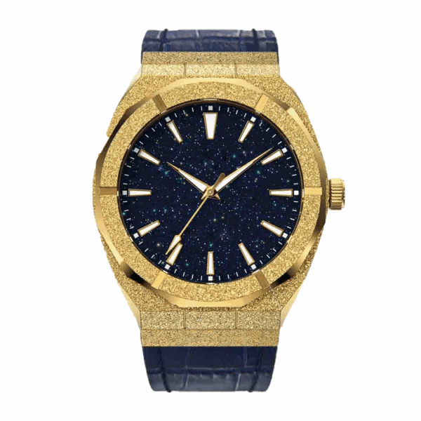 In stock, genuine leather strap, Paul Style Rich Star Dust, gold-plated brushed stainless steel men's quartz watch with gold dial.